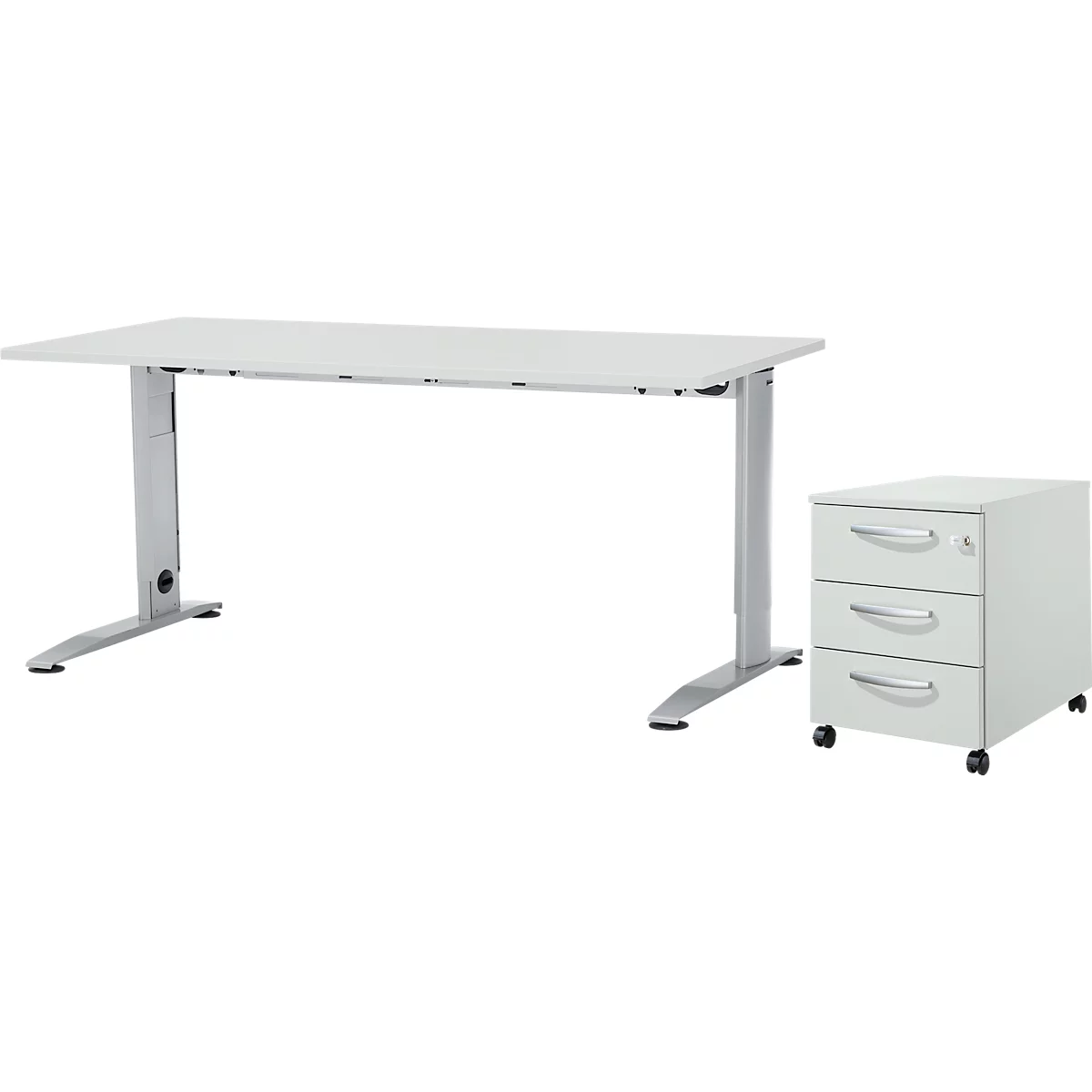 Bureau blanc avec pieds argentés et caisson mobile.