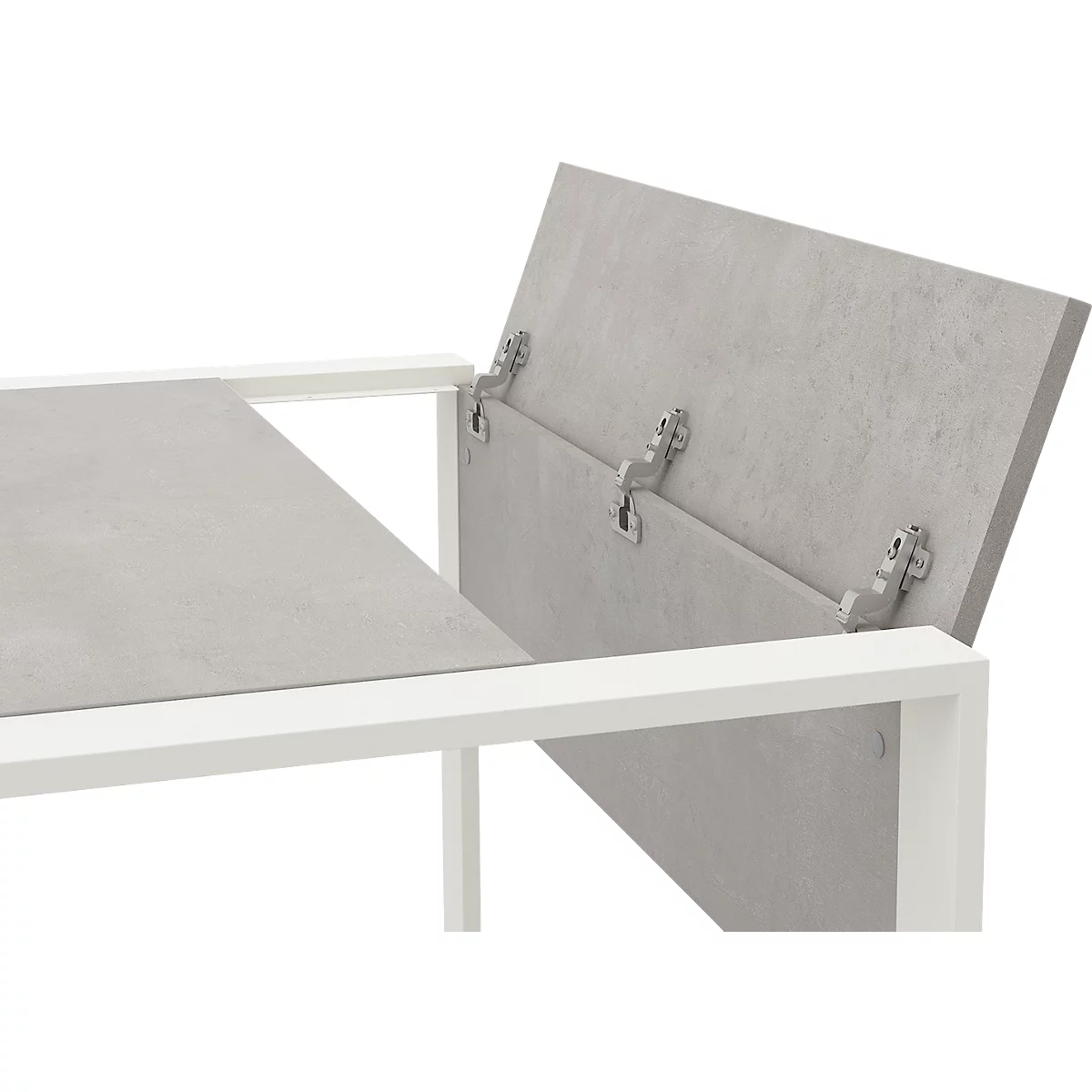 Bureau Home Office TEMPIO, rectangulaire, piètement traineau, L 1500 x P 800 x H 740 mm, avec support guide-câbles, béton/blanc