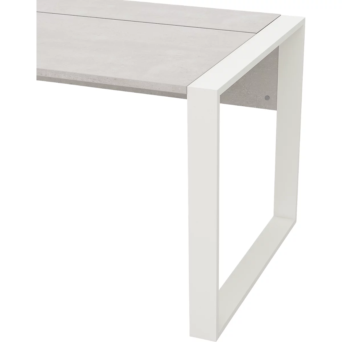 Bureau Home Office TEMPIO, rectangulaire, piètement traineau, L 1500 x P 800 x H 740 mm, avec support guide-câbles, béton/blanc
