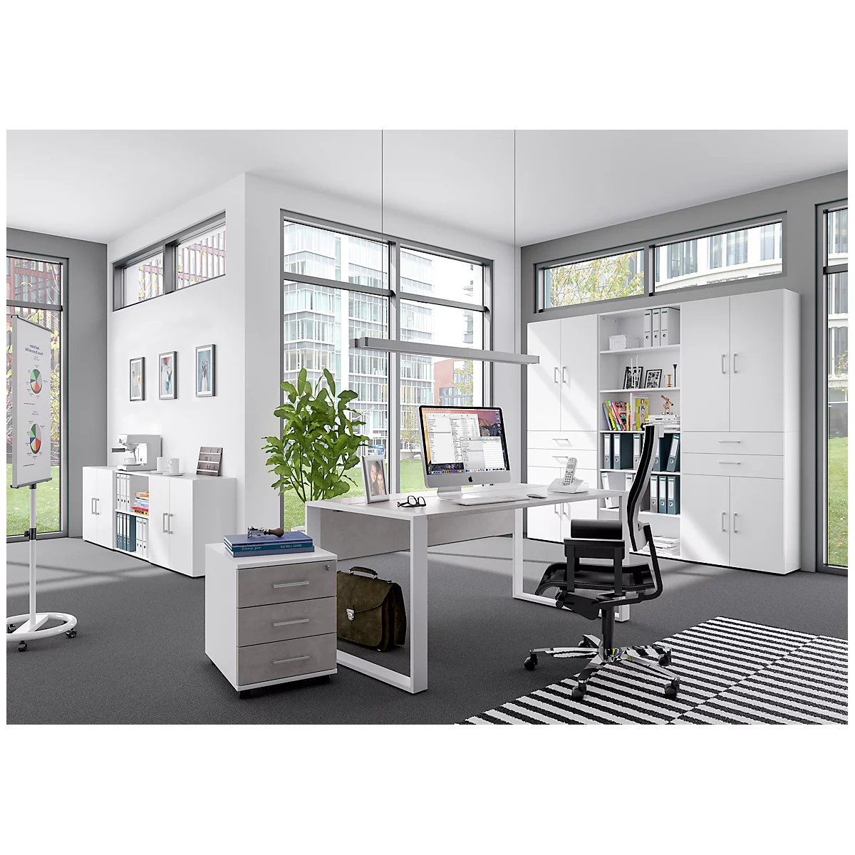 Bureau Home Office TEMPIO, rectangulaire, piètement traineau, L 1500 x P 800 x H 740 mm, avec support guide-câbles, béton/blanc