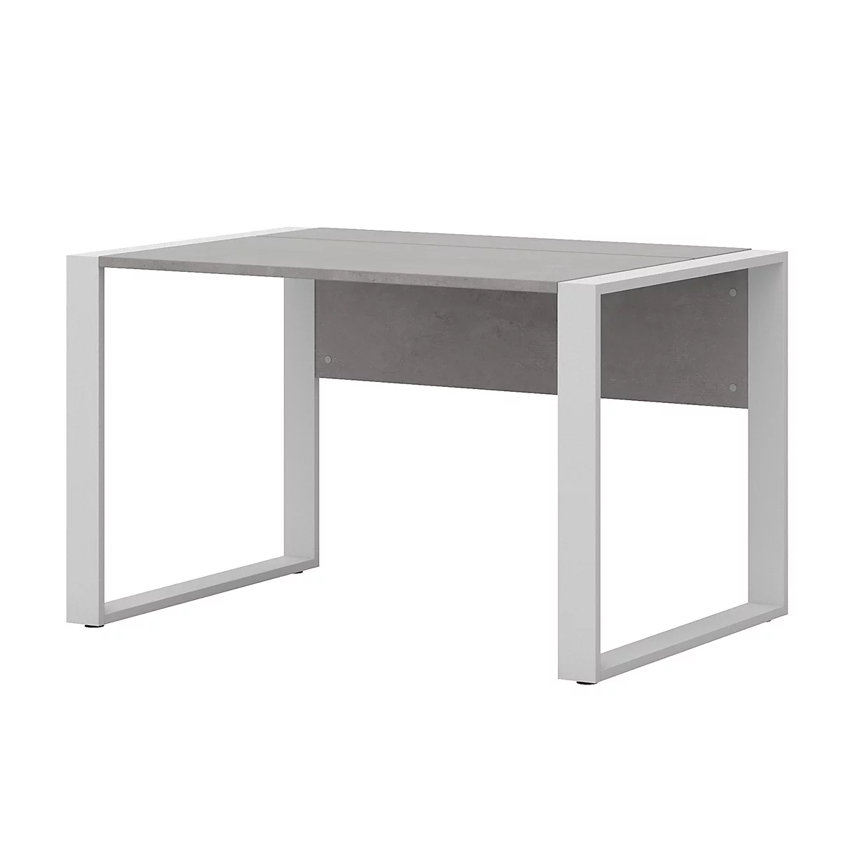 Bureau Home Office TEMPIO, rectangulaire, piètement traineau, L 1500 x P 800 x H 740 mm, avec support guide-câbles, béton/blanc