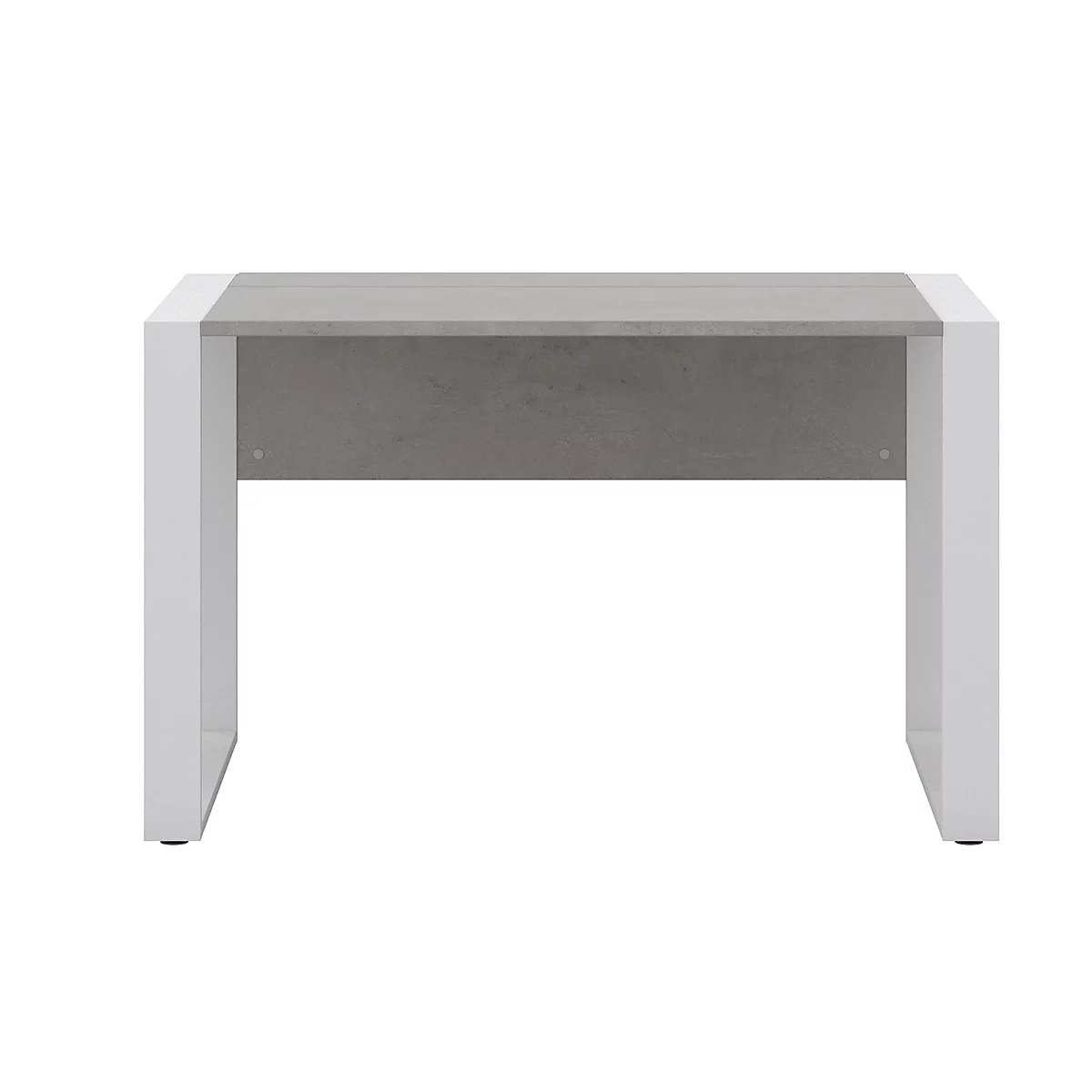 Bureau Home Office TEMPIO, rectangulaire, piètement traineau, L 1500 x P 800 x H 740 mm, avec support guide-câbles, béton/blanc