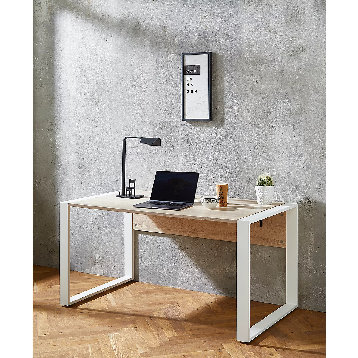 Bureau Home Office TEMPIO, rectangulaire, piètement traineau, L 1500 x P 800 x H 740 mm, chêne Sonoma/blanc