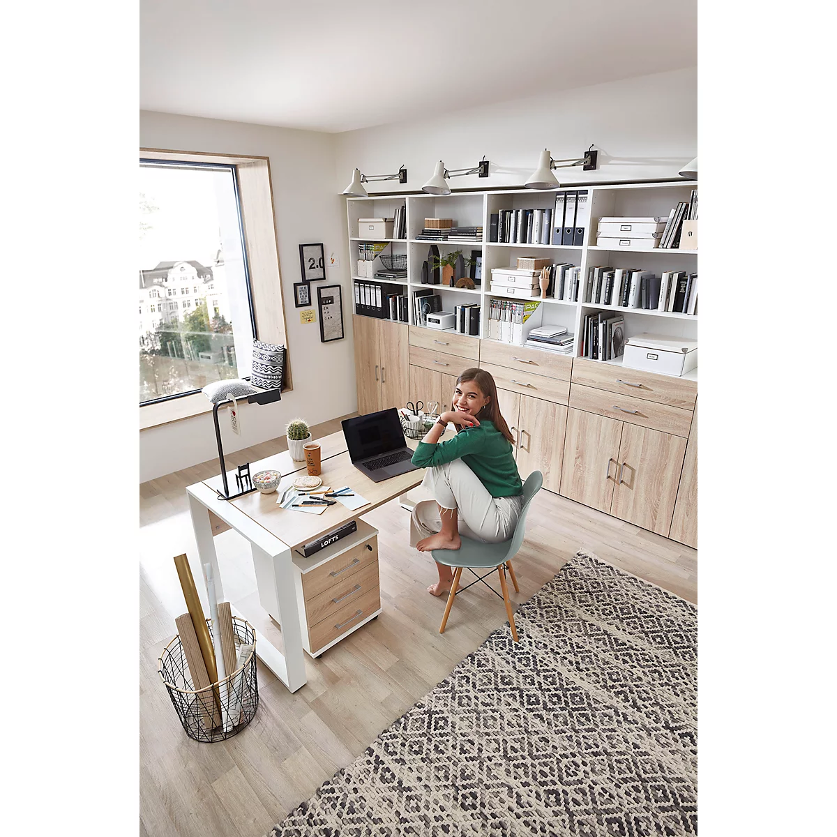 Bureau Home Office TEMPIO, rectangulaire, piètement traineau, L 1500 x P 800 x H 740 mm, chêne Sonoma/blanc