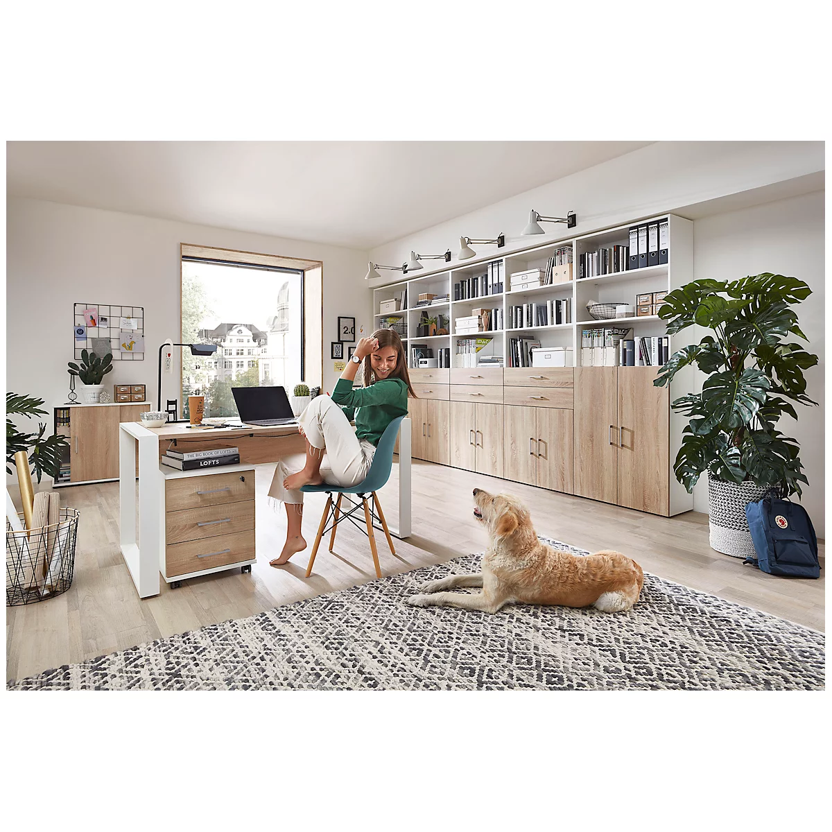 Bureau Home Office TEMPIO, rectangulaire, piètement traineau, L 1500 x P 800 x H 740 mm, chêne Sonoma/blanc