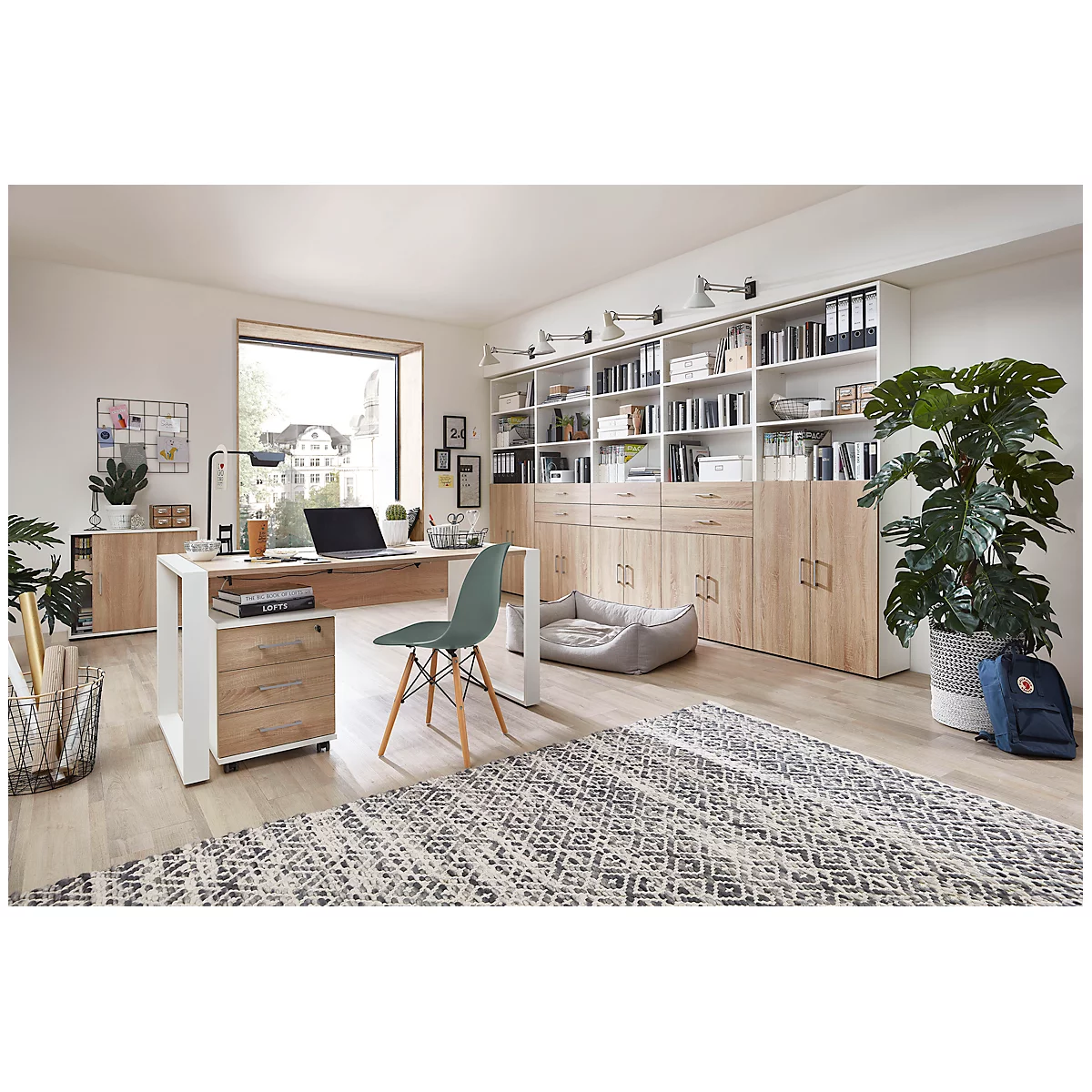 Bureau Home Office TEMPIO, rectangulaire, piètement traineau, L 1500 x P 800 x H 740 mm, chêne Sonoma/blanc
