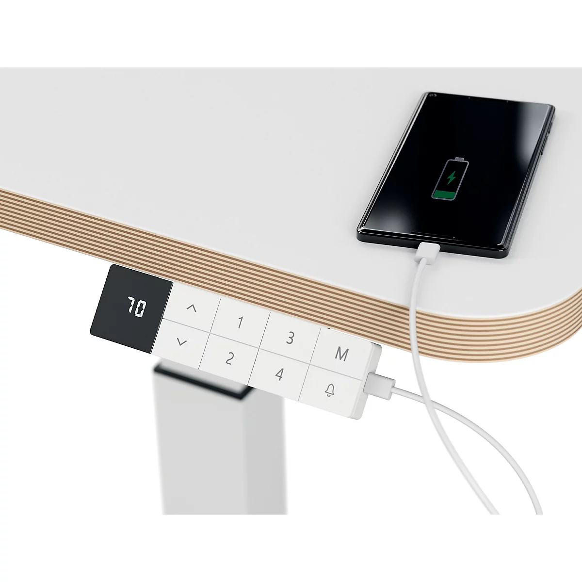 Bureau LEITZ Ergo, rectangle, réglage électrique de la hauteur, pied en T, fonction mémoire, prises USB, support de câbles, L 800 x P 600 x H 650-1300 mm, blanc/blanc