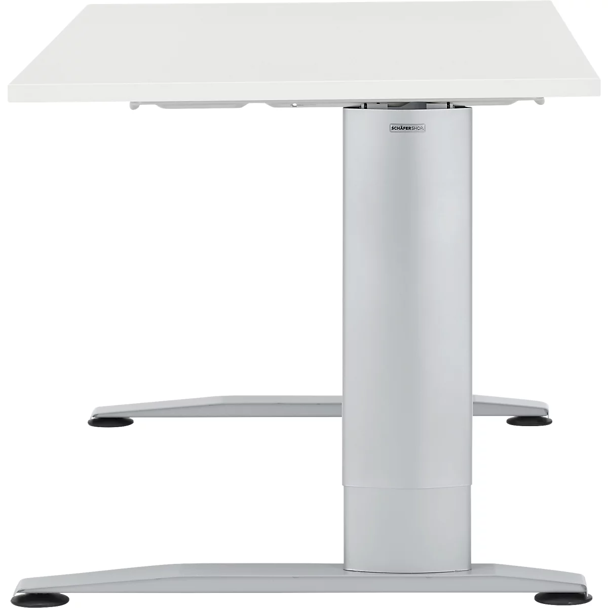Un bureau blanc réglable en hauteur avec des pieds argentés, photographié de côté.