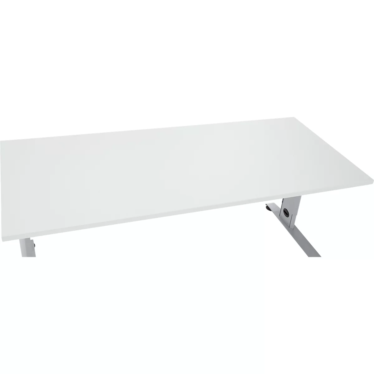 Bureau blanc avec pieds argentés, pris en diagonale d'en haut.