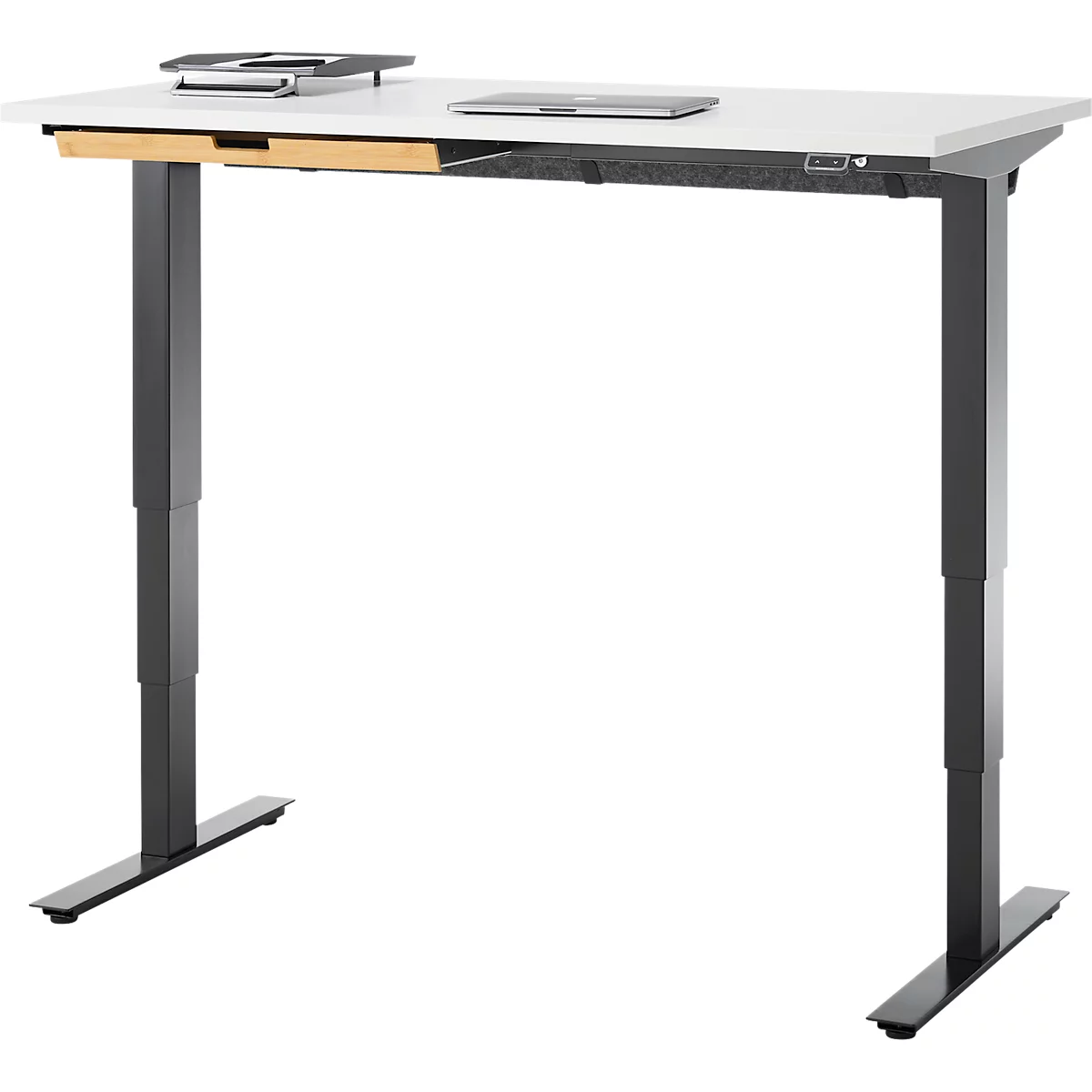 Bureau met bamboe accessoirelade & kabelgoot van gerecycled vilt, elektrisch in hoogte verstelbaar, B 1300 x D 650 x H 605-1265 mm, wit/zwart