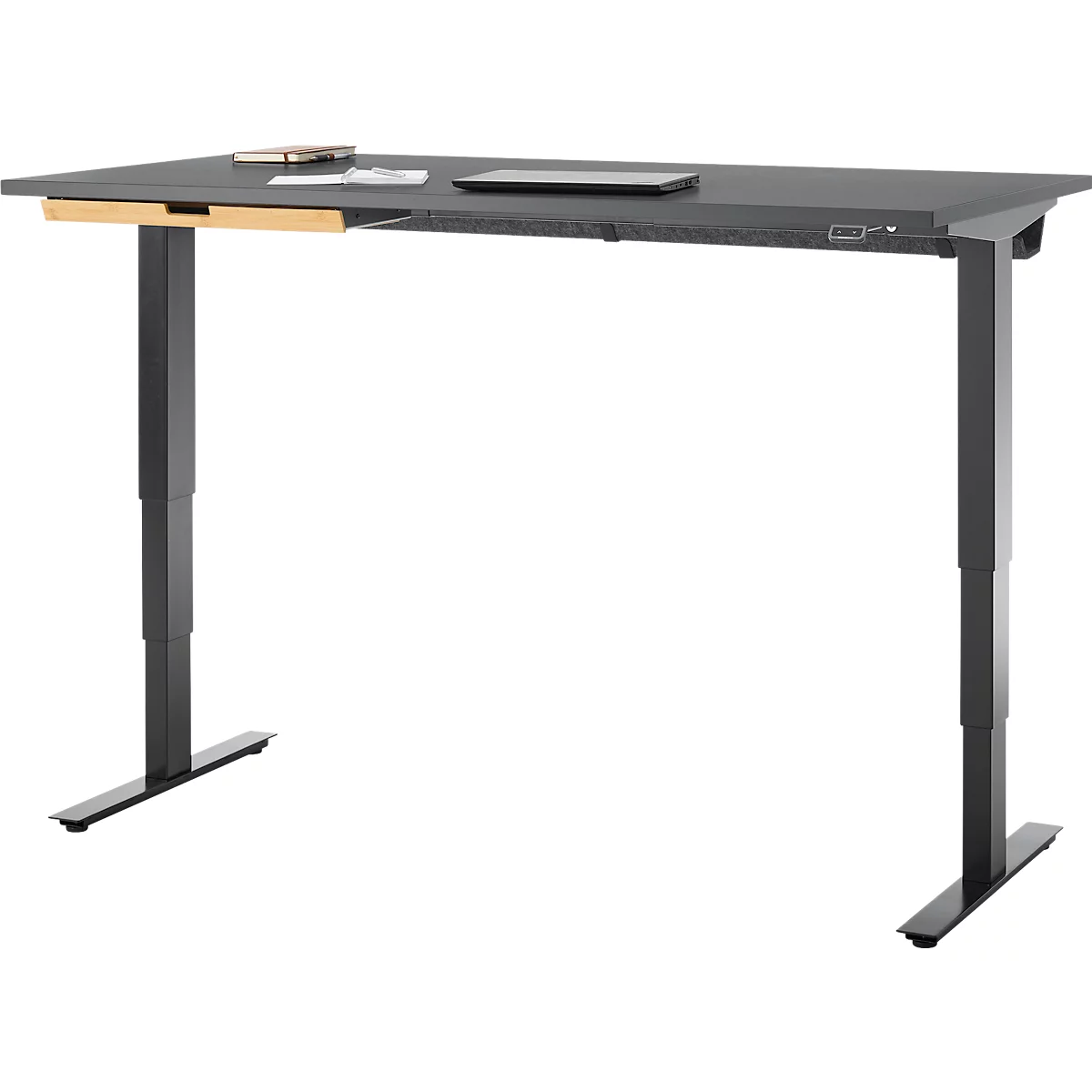 Bureau met bamboe accessoirelade & kabelgoot van gerecycled vilt, elektrisch in hoogte verstelbaar, B 1600 x D 800 x H 605-1265 mm, grafiet/zwart