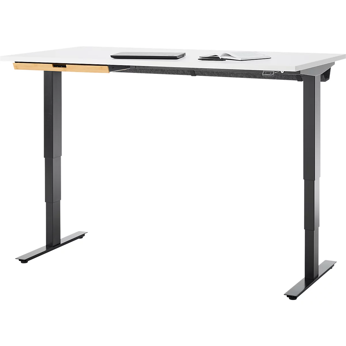 Bureau met bamboe accessoirelade & kabelgoot van gerecycled vilt, elektrisch in hoogte verstelbaar, B 1600 x D 800 x H 605-1265 mm, wit/zwart