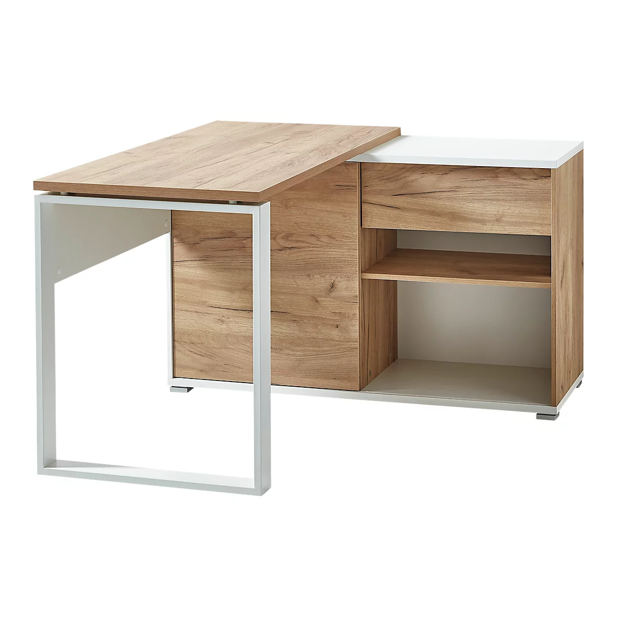 Bureau met sideboard LIONI, rechthoekig, lopers, B 1200 x D 1170 x H 750 mm, Navarra eik reproductie/wit