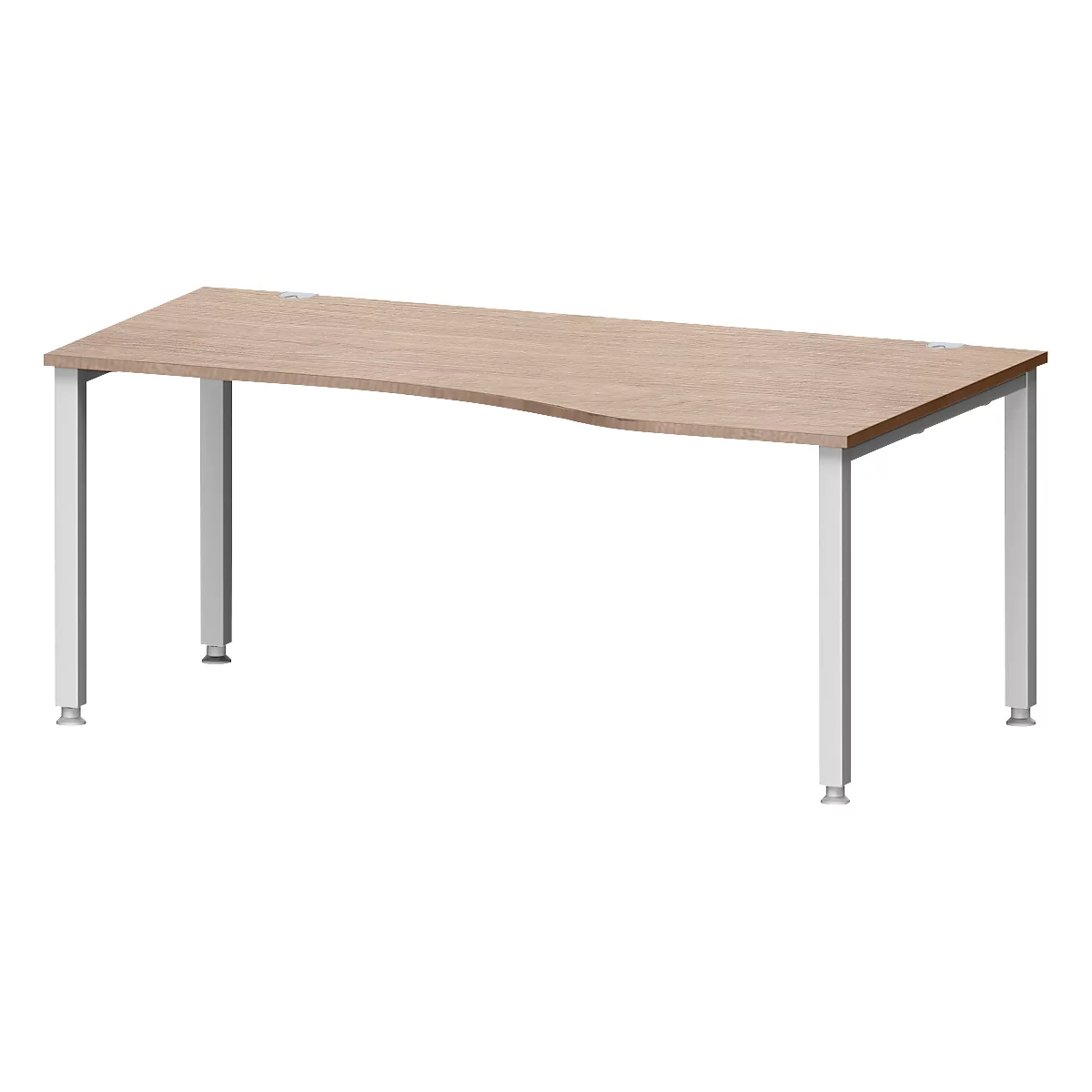 Bureau MODENA FLEX, forme libre, approche à droite, 4 pieds en tube carré, L 1800 x P 1000/800 x H 720-820 mm, chêne/aluminium blanc
