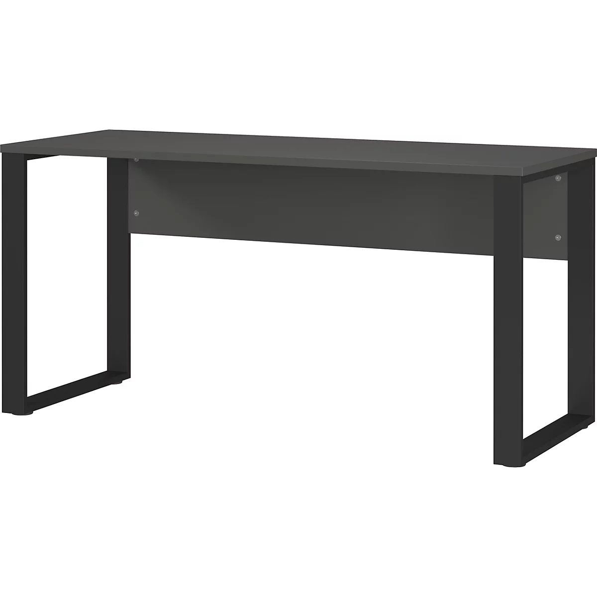 Bureau sombre avec un plateau rectangulaire et des pieds en métal peint en noir.