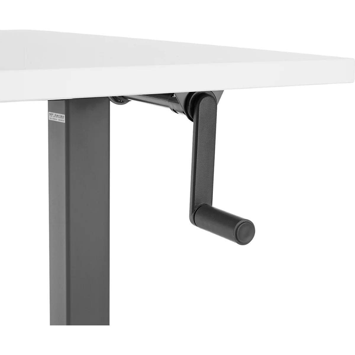 Détail d'un bureau réglable : manivelle pour régler la hauteur du bureau.