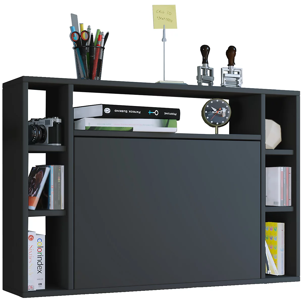 Bureau mural Wandila, idéal pour le bureau à domicile, plateau de table rabattable &amp; 7 compartiments, L 900 x P 200/670 x H 600 mm, bois, noir