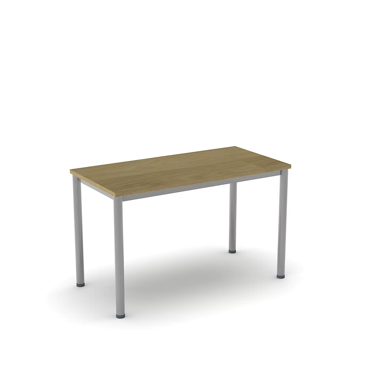 Une table rectangulaire avec un dessus en bois et des pieds argentés sur fond blanc.