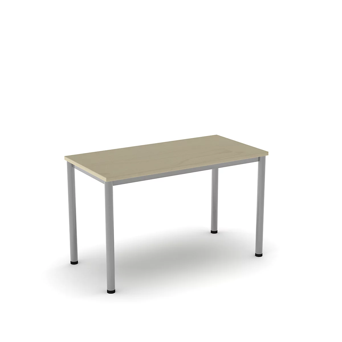 Une table rectangulaire avec du bois clair et des pieds en métal gris.