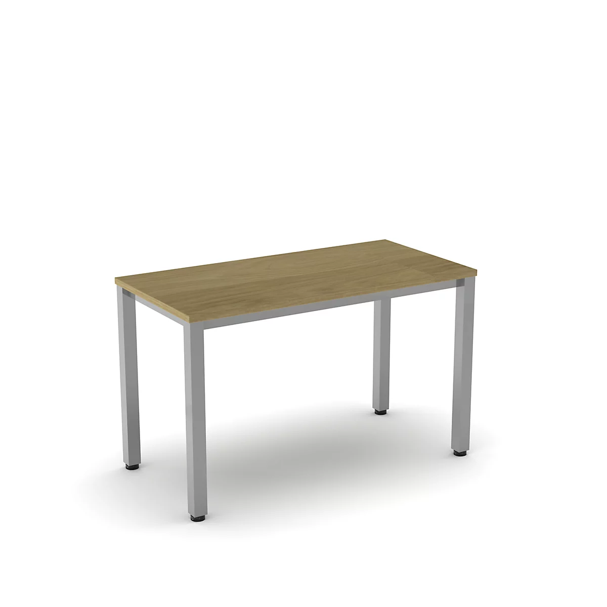 Une table rectangulaire avec un plateau en bois et des pieds gris. Les pieds de la table sont carrés.