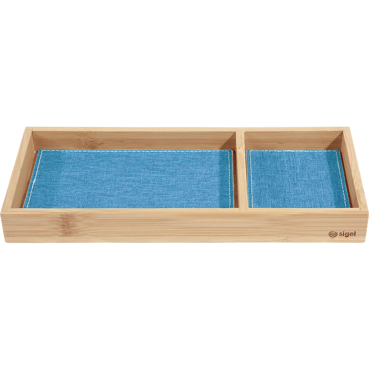 Bureau-organizer Sigel Eyestyle, rechthoekig, 2 vakken, textielinzet van gerecycled PET, lichtblauw/donkergrijs, B 245 x D 109 x H 25 mm, bamboehout