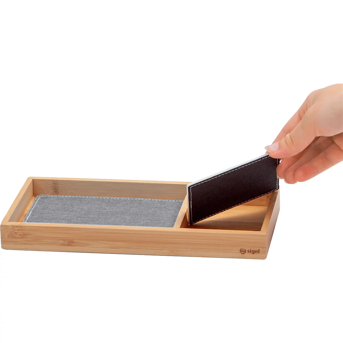 Bureau-organizer Sigel Eyestyle, rechthoekig, 2 vakken, textielinzet van gerecycled PET, lichtgrijs/zwart, B 245 x D 109 x H 25 mm, bamboehout