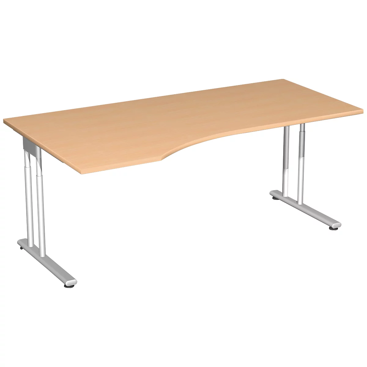 Bureau PALENQUE avec extension, pieds en C, asymétrique, à gauche, l. 1800 x P 1000/800 x H 680 - 820 mm, coloris hêtre