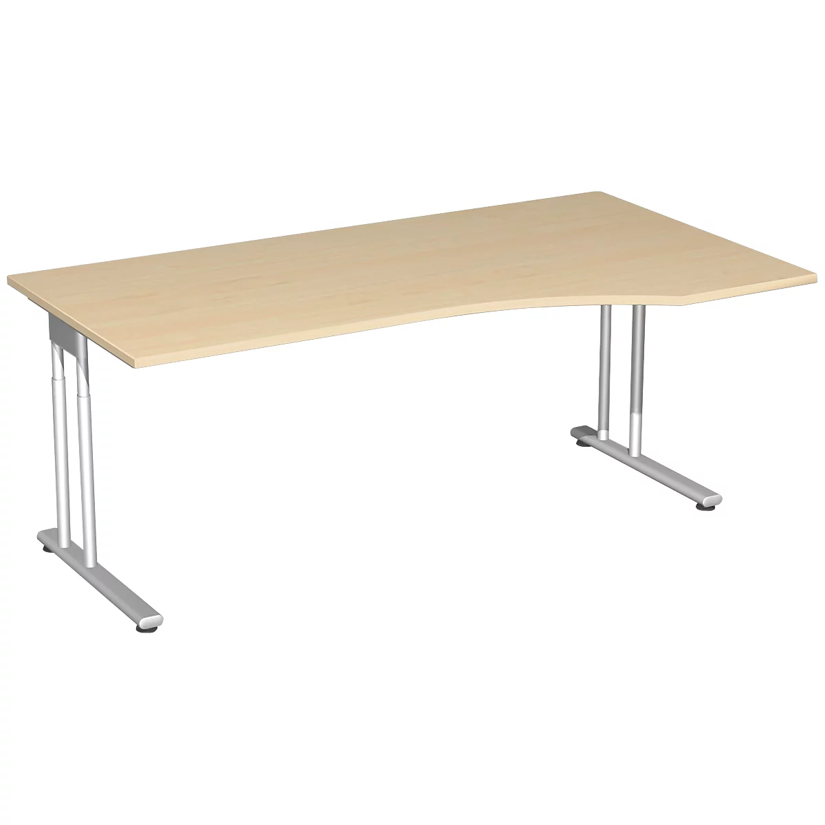 Bureau PALENQUE avec extension, pieds en C, asymétrique, réglage manuel de la hauteur, extension à droite, l. 1800 x P 800/1000 x H 680-820 mm, coloris érable