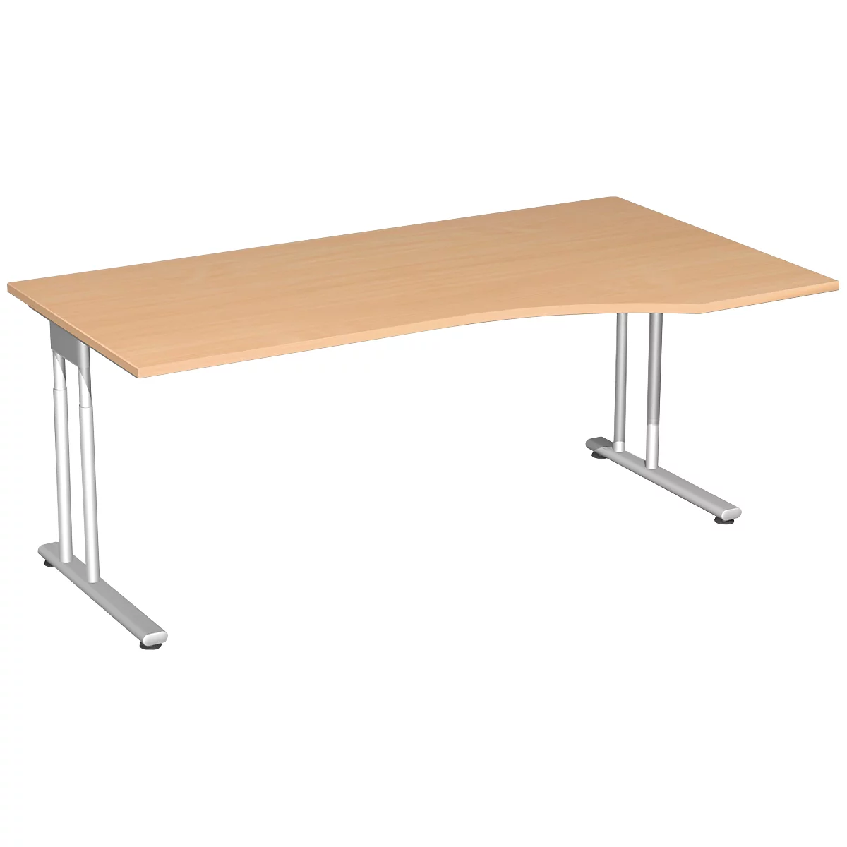Bureau PALENQUE avec extension, pieds en C, asymétrique, réglage manuel de la hauteur, extension à droite, l. 1800 x P 800/1000 x H 680-820 mm, coloris hêtre