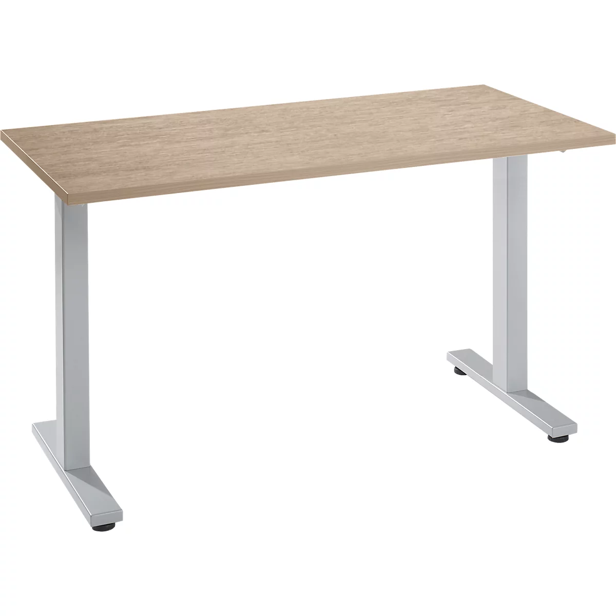 Un bureau beige avec des pieds en métal. Le plateau a un grain de bois, les pieds sont gris.