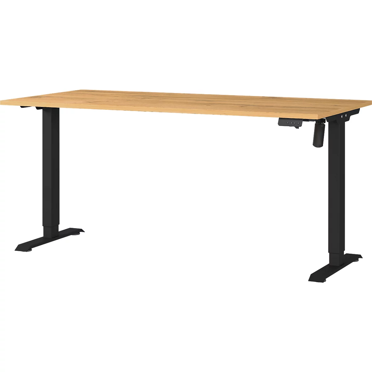 Bureau réglable en hauteur. Plateau de table couleur bois, pieds noirs, commandes à droite.