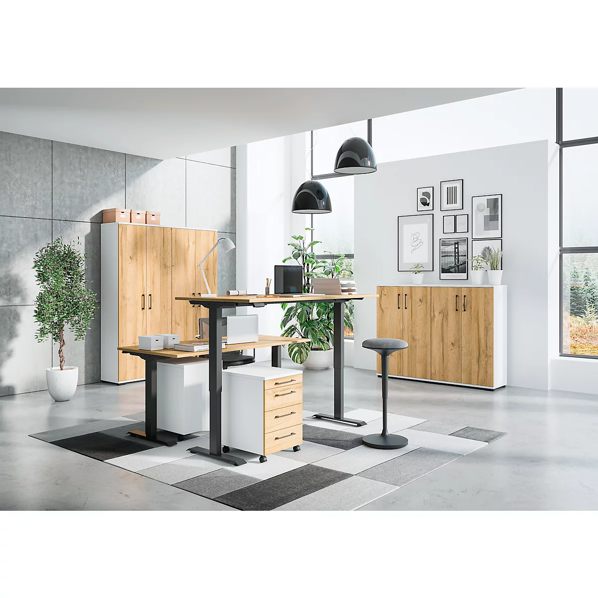 Espace de bureau lumineux avec bureau réglable en hauteur, armoires, plante et éléments décoratifs.