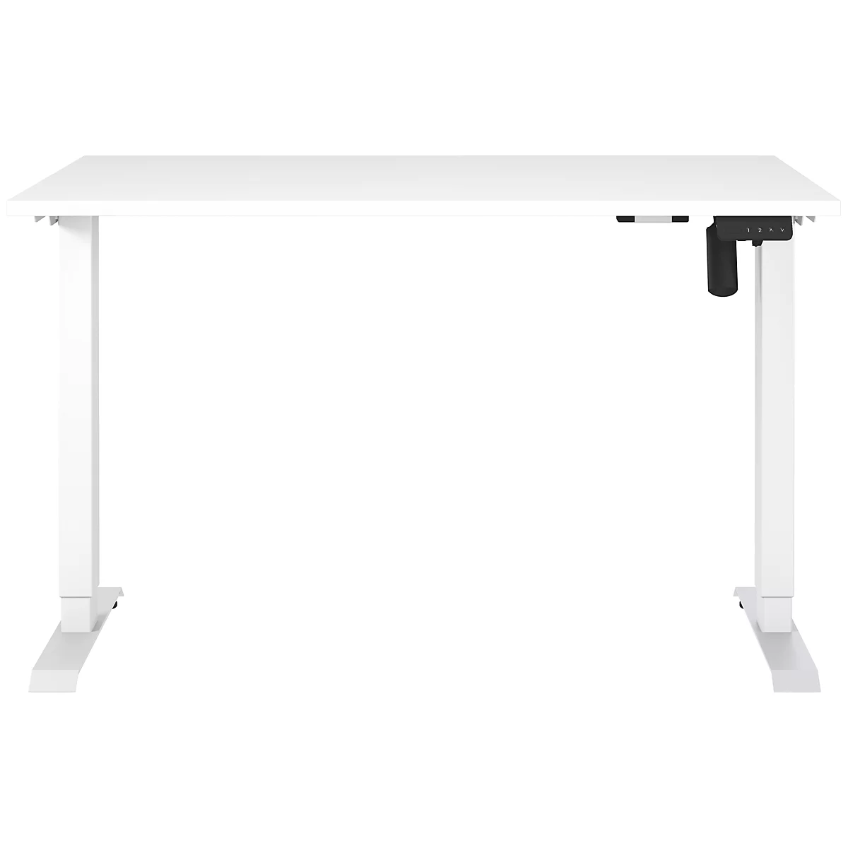 Bureau blanc réglable en hauteur avec commandes noires. Se tient sur un sol blanc.