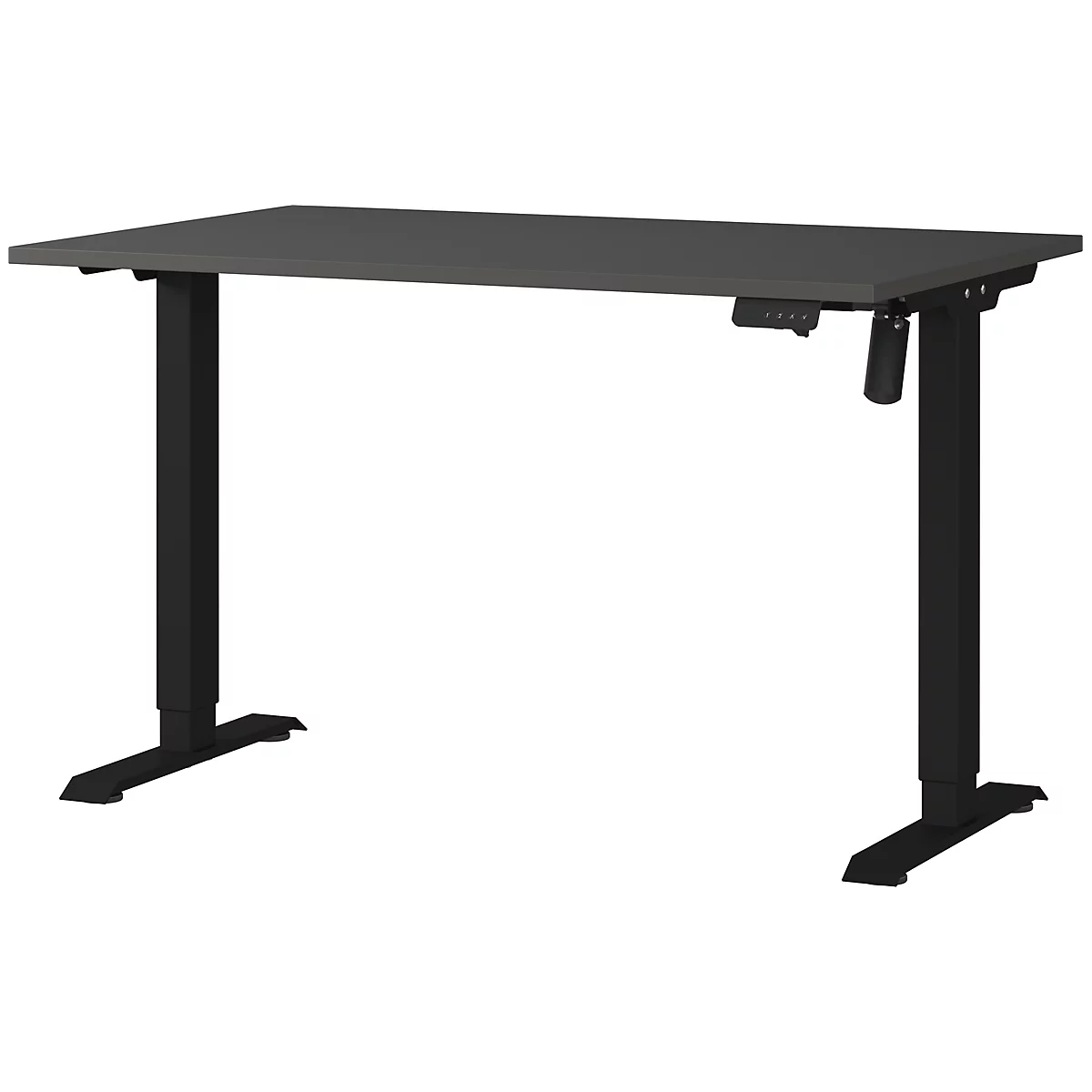 Bureau gris avec pieds noirs réglables. Les commandes sont situées sur le côté droit.