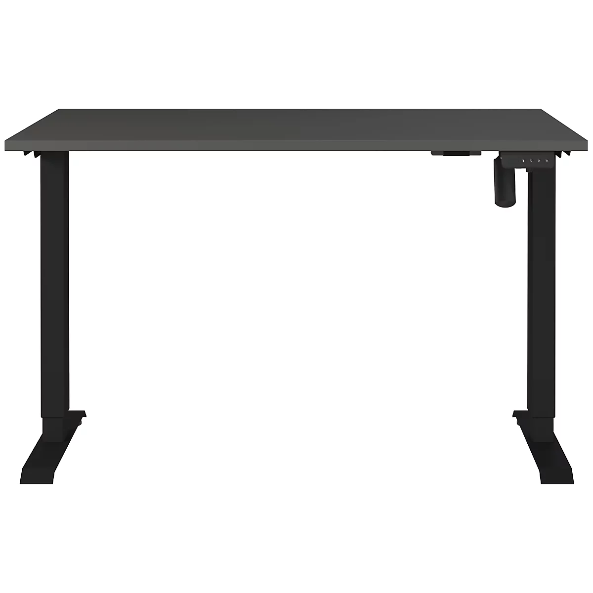 Un bureau gris réglable en hauteur avec des pieds noirs. Sur le côté droit se trouve une commande pour le réglage de la hauteur.