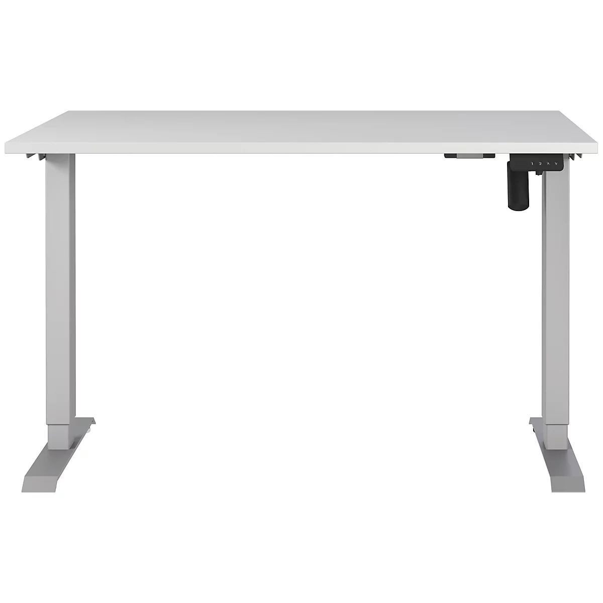 Bureau blanc réglable en hauteur, pieds gris et commandes.