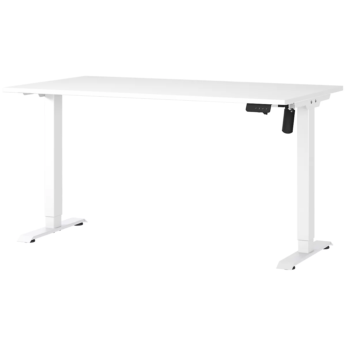 Bureau blanc réglable en hauteur. Il possède deux pieds qui peuvent être levés et abaissés électriquement via une commande.