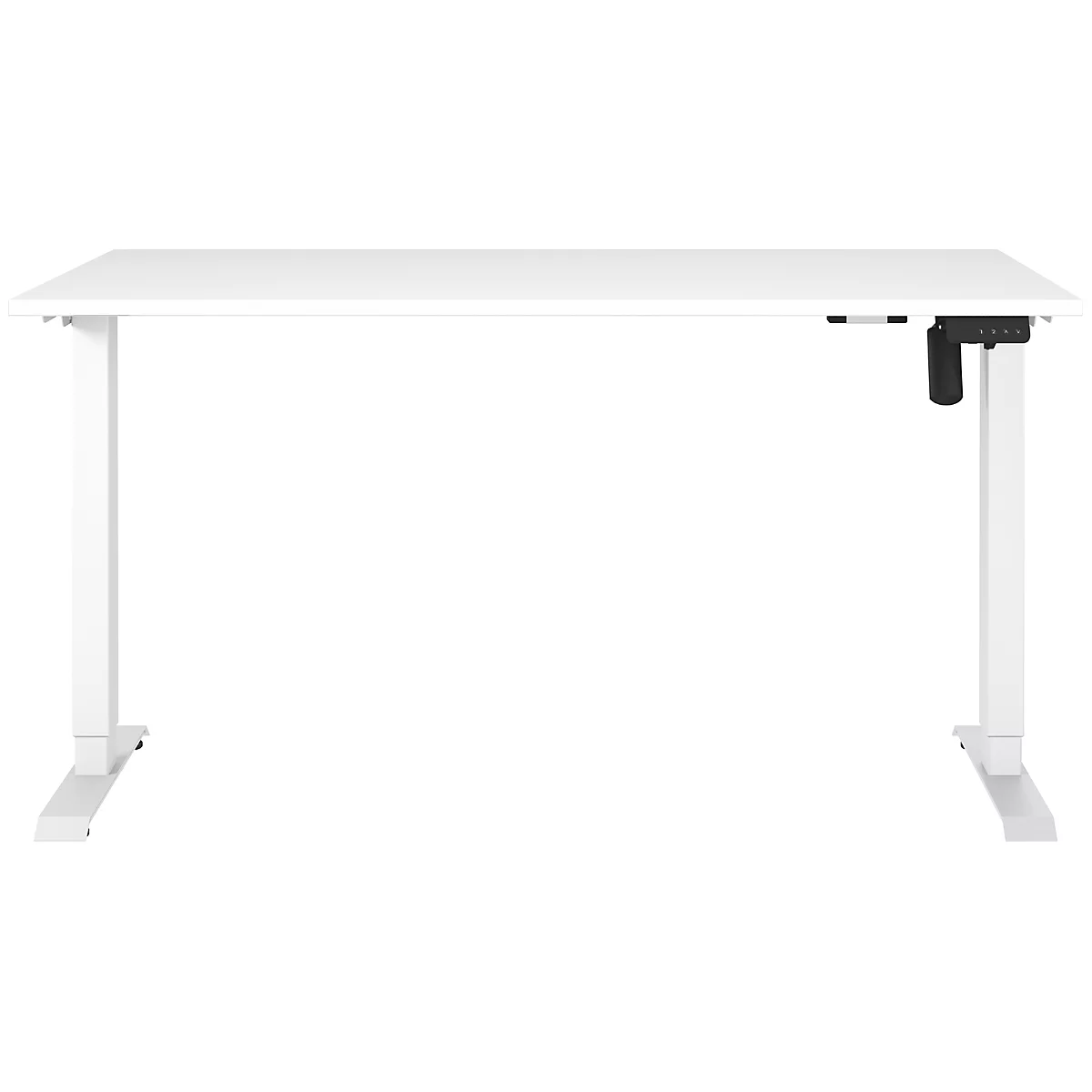 Bureau blanc réglable en hauteur, vue en biais.