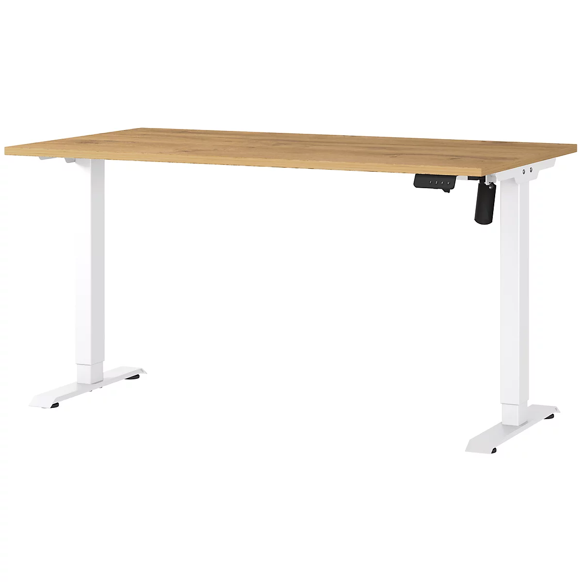 Bureau réglable en hauteur avec plateau marron clair et cadre blanc. Commandes sur le côté droit.