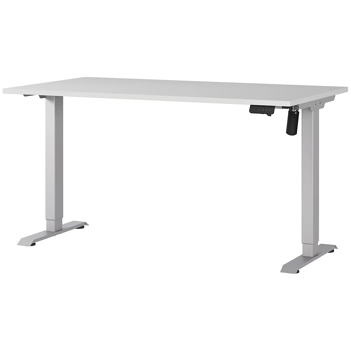 Un bureau blanc réglable en hauteur avec deux pieds carrés, posé sur un sol gris. Il y a un élément de commande sur le côté.