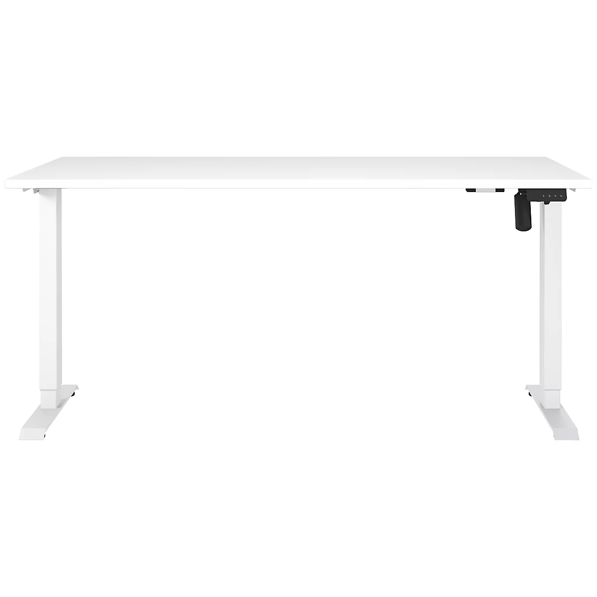 Bureau blanc réglable en hauteur. Le bureau est rectangulaire et possède deux pieds reliés au levier.