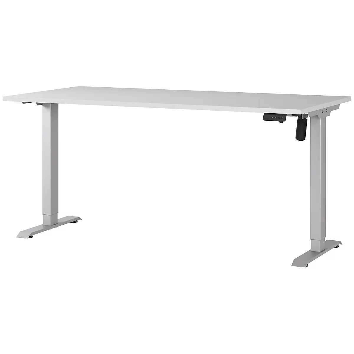 Bureau blanc réglable en hauteur sur fond blanc. Le bureau a deux pieds et une commande sur le côté droit.