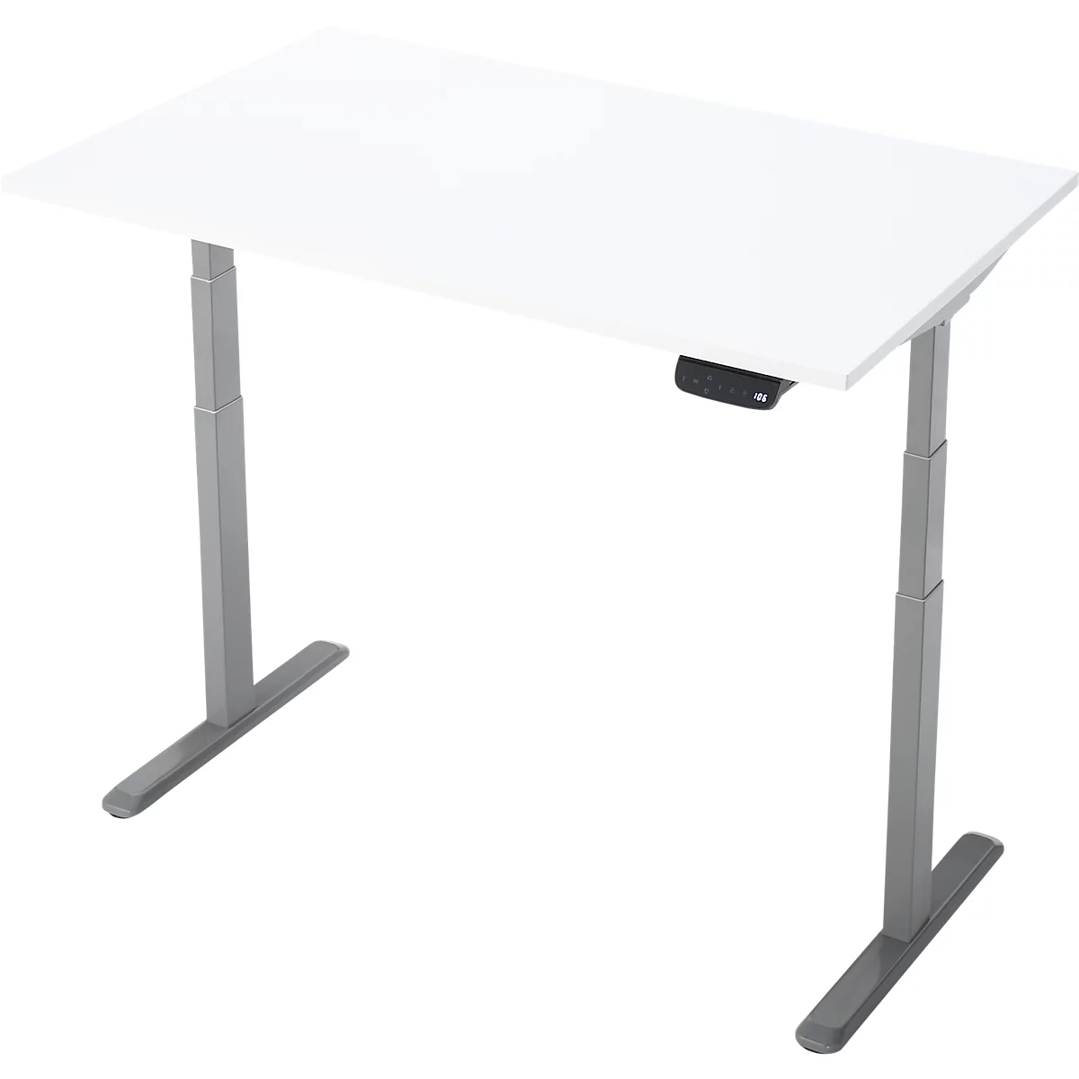Een witte, in hoogte verstelbare bureau met grijze poten. Er is een bedieningsconsole op het tafelblad.