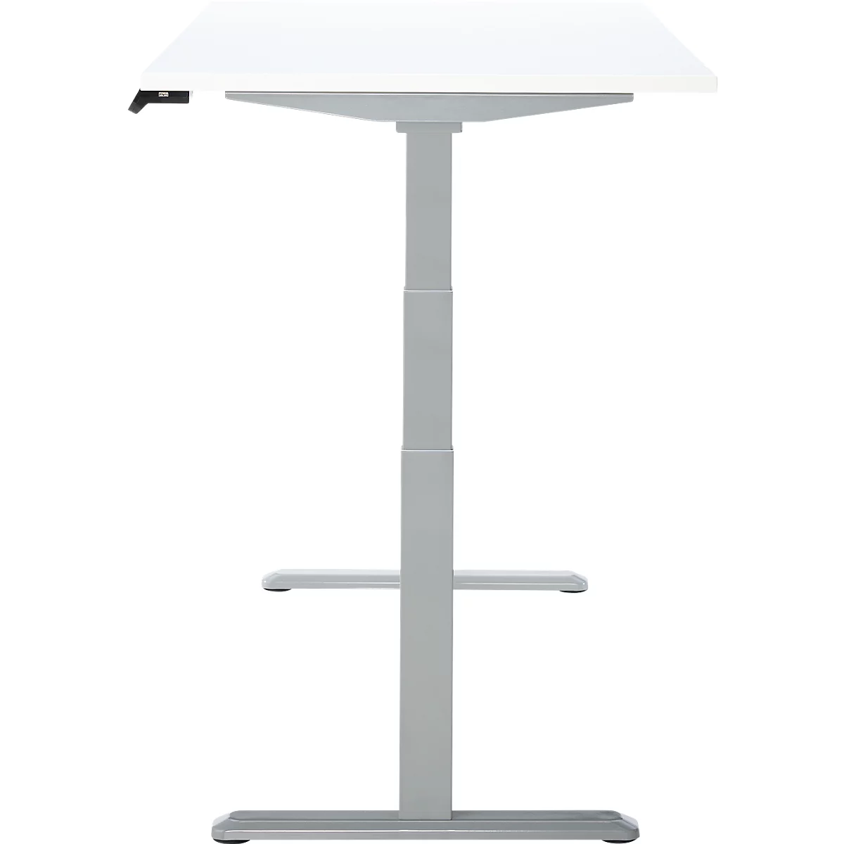 In hoogte verstelbaar bureau met een wit tafelblad en een grijs frame. Het bureau staat afgebeeld.