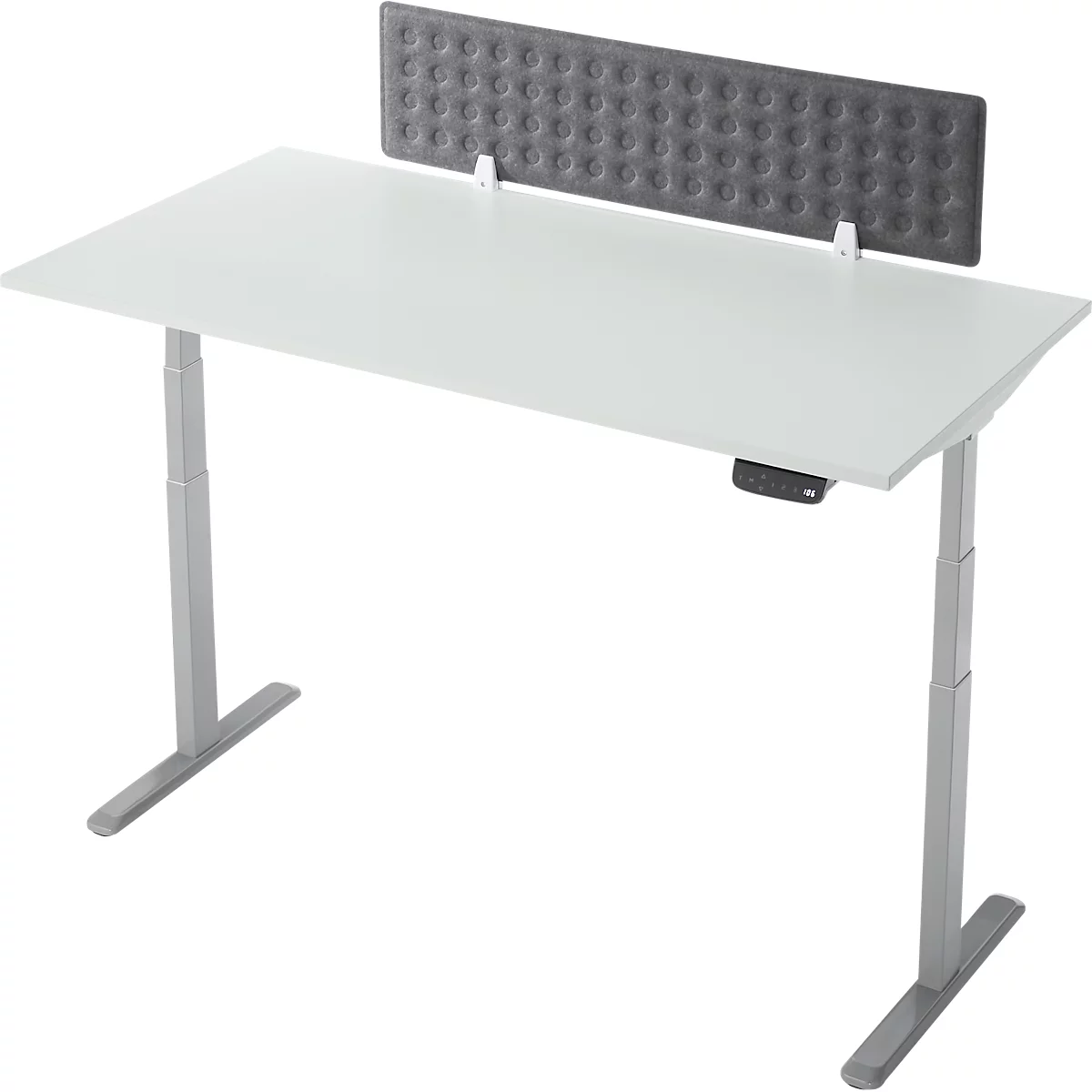 Een witte, in hoogte verstelbare bureau met een grijze scheidingswand met ronde knoppen.