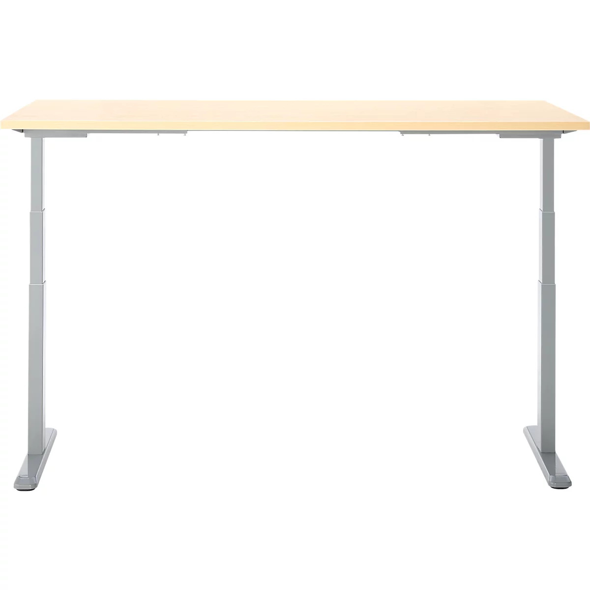 Lichtkleurige bureau, houtlook, met grijs in hoogte verstelbaar frame, vrijstaand op witte achtergrond.