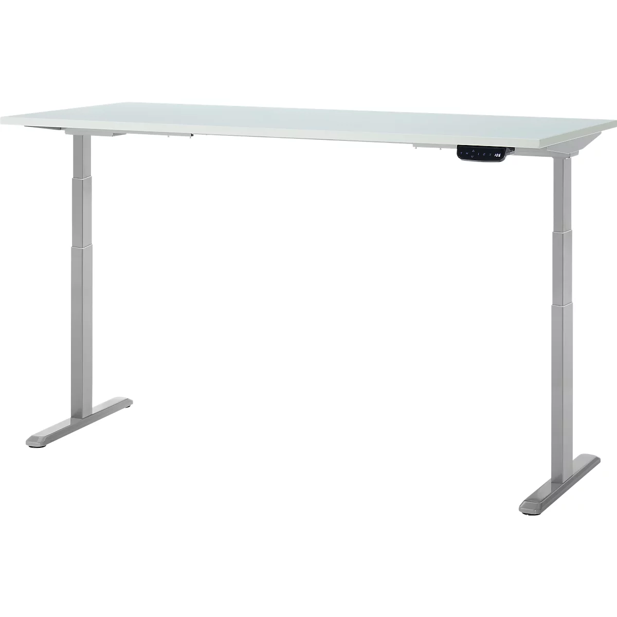 Witte in hoogte verstelbare bureau. Grijze poten en een bedieningseenheid aan de rand van de tafel.