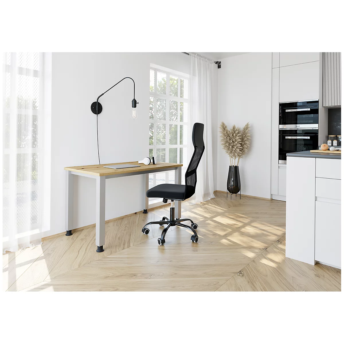 Bureau, rectangulaire, 4 pieds, tube carré, L 1200 x P 672 x H 685-810 mm, Chêne sauvage/argenté