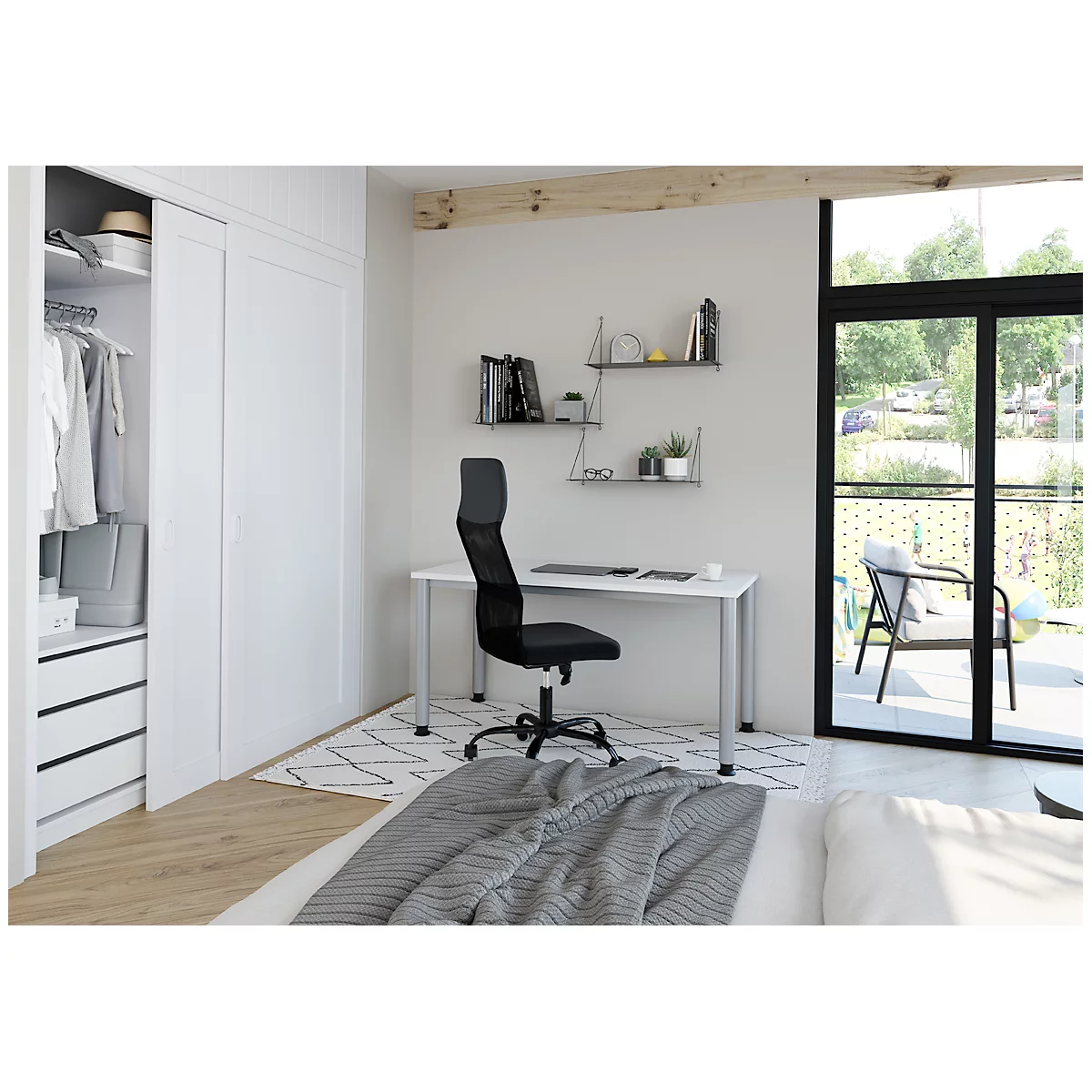 Bureau, rectangulaire, 4 pieds, tube rond, L 1200 x P 672 x H 685-810 mm, blanc/argenté