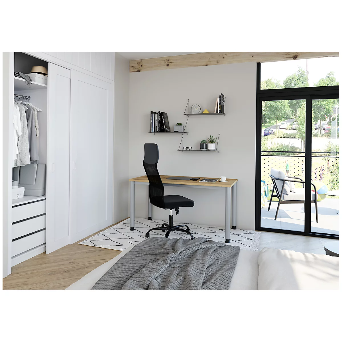Bureau, rectangulaire, 4 pieds, tube rond, L 1400 x P 672 x H 685-810 mm, Chêne sauvage/argenté